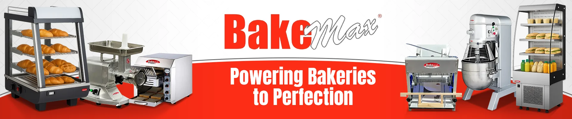 BakeMax brand banner featuring bakery equipment including display cases, planetary mixer, refrigerated merchandiser, and deck oven with brand logo.